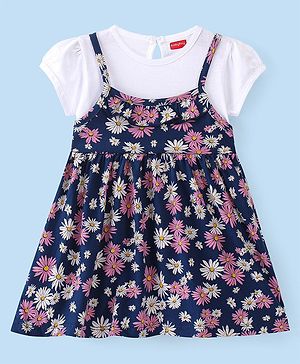 Babyhug 100% Cotton Single Jersey Knit Half Sleeves Frock Floral Print - Navy Blue