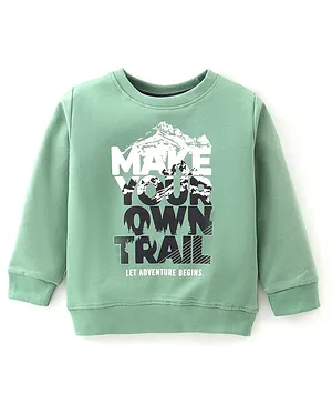 Lazy Bones Cotton Looper Full Sleeves T-Shirt Text Print- Green