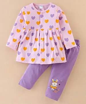 Tango Single Jersey Full Sleeves Night Suit Heart Print- Purple