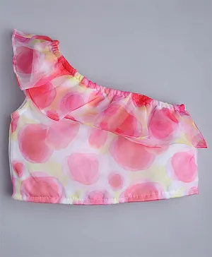 Taffykids Floral Printed One Shoulder Wild Abstract Printed Ruffle Detailed Top - Pink & White