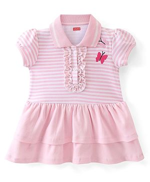 Babyhug Half Sleeves Cotton Knit Striped Layered Frock Butterfly Embroidery - Pink