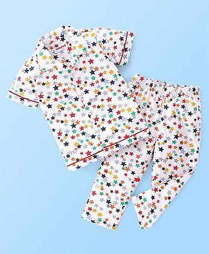 Babyhug Poplin Cotton Woven  Half Sleeves Night Suit Star Print - White