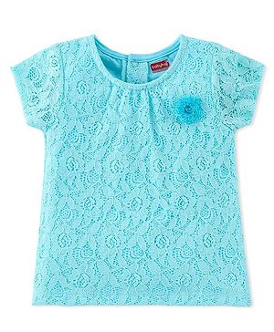 Babyhug Cotton Woven Half Sleeves Top with Lace Detailing & Floral Corsage - Light Blue