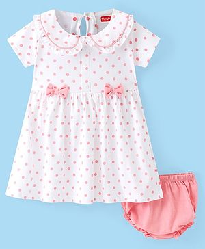 Babyhug Single Jersey Knit Half Sleeves Frock With Bloomer Polka Dot Print - White