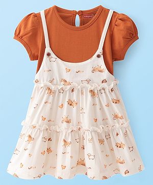 Babyhug Single Jersey Knit Half Sleeves  Frock with Animal Print - White & Brown