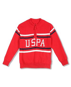 US Polo Assn Knitted Full Sleeves Sweater with Text Design - Medium Red