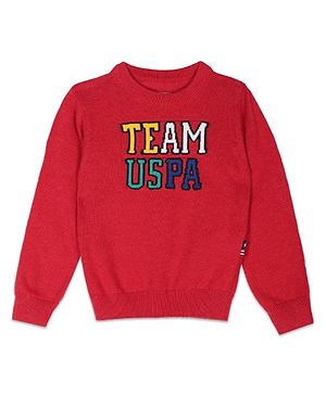US Polo Assn Knitted Full Sleeves Sweater with Text Design - Red
