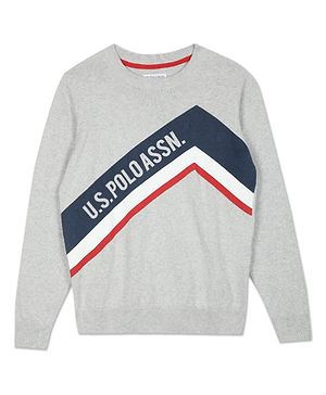 US Polo Assn Knitted Full Sleeves Sweater with Text Design - Medium Grey