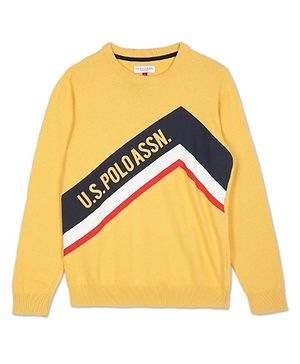 US Polo Assn Knitted Full Sleeves Sweater with Text Design - Medium Yellow