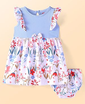 Babyhug Single Jersey Knit Half Sleeves Frill Detailing Floral Printed  Frock with Bloomer - Light Blue