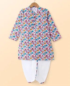 Babyhug 100% Cotton Knit Full Sleeve Kurta & Dhoti Set With Ikat Print - White & Pink