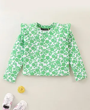 Tiara Full Sleeves Seamless Flowers Printed Ribbed & Stretchable Winter Top - Green