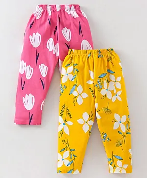 Simply Cotton Lycra Full Length Leggings With Floral Print Pack Of 2 - Yellow & Pink