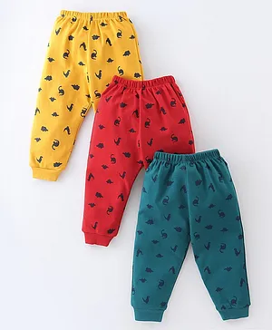 Simply Interlock Full Length Lounge Pants Dino Printed Pack of 3 - Red Yellow & Green