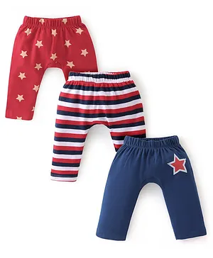 Babyhug Cotton Interlock Knit Full Length Diaper Legging Stripes & Star Print - Red White & Blue