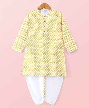 Babyhug 100% Cotton Knit Full Sleeve Kurta & Dhoti Set With Ikat Print - White & Yellow