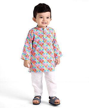 Babyhug Cotton Woven Full Sleeves Square Printed Kurta Pyjama Set -Multicolour
