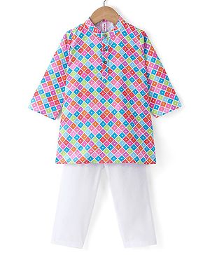 Babyhug Cotton Woven Full Sleeves Square Printed Kurta Pyjama Set -Multicolour