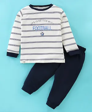 FIRST SMILE Full Sleeves Text Print T-Shirt & Lounge Pant Set - Cream & Navy Blue