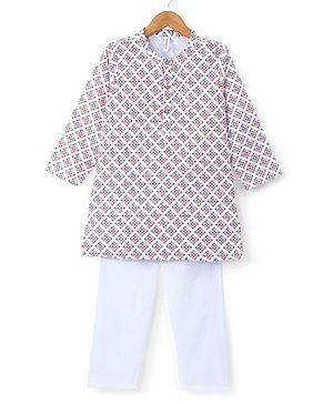 Babyhug 100% Cotton Full Sleeves Kurta & Pyjama Set With Ikat Print - White