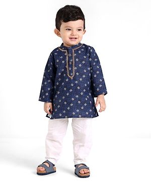 Babyhug 100%  Cotton Woven Full Sleeves Floral Printed Kurta Pyjama Set- Blue