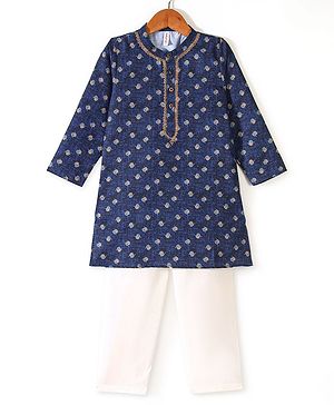 Babyhug Cotton Woven Full Sleeves Floral Printed Kurta Pyjama Set- Blue