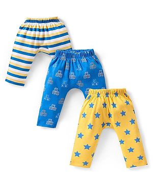 Babyhug Interlock Knit Full Length Diaper Legging Stripes & Star Print Pack of 3 - Yellow White & Blue Babyhug Interlock Knit Full Length Diaper Legging Stripes & Star Print Pack of 3 - Yellow White & Blue