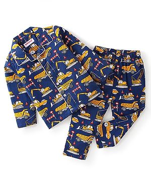 Babhyhug Cotton Woven Full Sleeves Night Suit Construction Vehicle Print - Blue