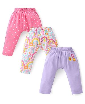 Babyhug Interlock Cotton Knit Full Length Diaper Leggings Solid Dot Floral Print Pack Of 3- Pink Purple & White Babyhug Interlock Cotton Knit Full Length Diaper Leggings Solid Dot Floral Print Pack Of 3- Pink Purple & White