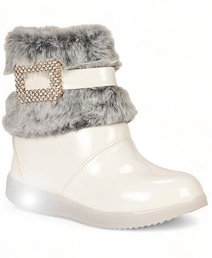 Lil Lollipop Stone Detailed Fur Embellished Glossy & Zipper Party Boots With Light - White