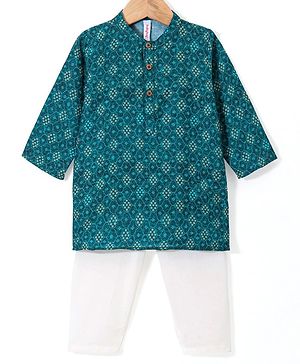 Babyhug 100% Cotton Woven Full Sleeves Polka Dot  Printed Kurta Pyjama Set - Teal Blue
