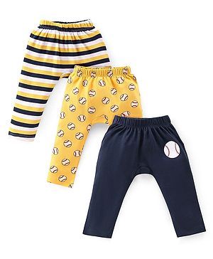 Babyhug Interlock Knit Full Length Diaper Pants Stripes & Balls Print Pack of 3 - Yellow & Navy