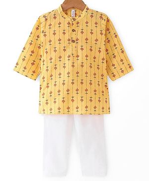 Babyhug 100% Cotton Full Sleeves Kurta & Pyjama Set With Ikat Print - Yellow & White