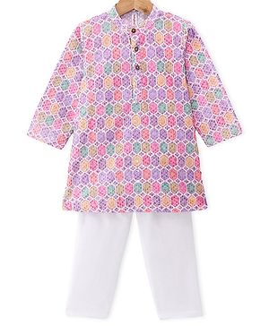 Babyhug Cotton Woven Full Sleeves Kurta & Pyjama Set With Ikat Print - Pink & Purple