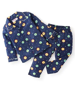 Cucumber Cotton Woven Full Sleeves Night Suit Star Print - Navy Blue