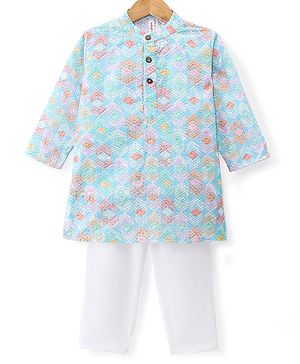 Babyhug Cotton Woven Full Sleeves Kurta & Pyjama Set With Ikat Print & Embroidery - Blue & White
