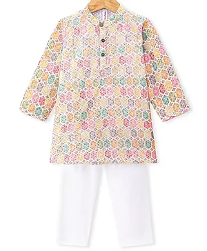 Babyhug 100% Cotton Full Sleeves Kurta & Pyjama Set With Ikat Print & Embroidery - Yellow Pink & White