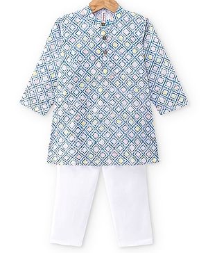 Babyhug 100% Cotton Full Sleeves Kurta & Pyjama Set With Ikat Print & Embroidery - Blue & White