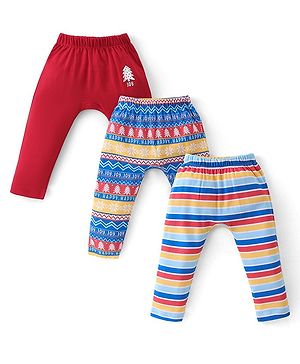 Babyhug Cotton Full Length Diaper Leggings Striped & Intarsia Print Pack of 3 - Blue & Red Babyhug Cotton Full Length Diaper Leggings Striped & Intarsia Print Pack of 3 - Blue & Red