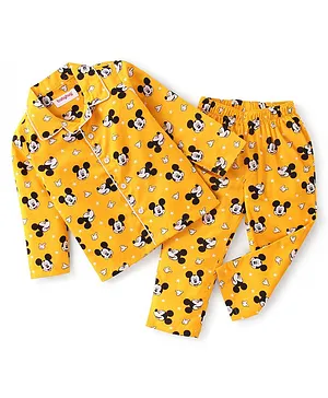 Babyhug Cotton Woven Full Sleeves Night Suit Mickey Mouse Print - Yellow