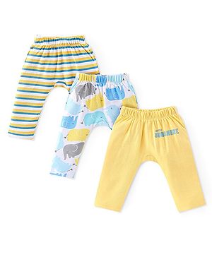 Babyhug Interlock Knit Full Length Diaper Pants Stripes & Elephant Print Pack of 3 - Yellow & Blue