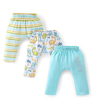 Babyhug Interlock Cotton Knit Full Length Diaper Pants Stripes & Dino Print Pack of 3 - Multicolor