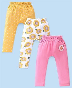 Babyhug Interlock Knit Full Length Diaper Pants Floral Printed Pack of 3 - Pink Yellow & White