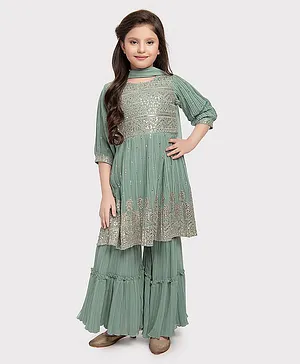 Betty By Tiny Kingdom Georgette Three Fourth Sleeves  Mirror Work & Sequin Embellished Kurta With  Gharara Set - Green
