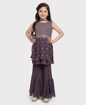 Betty By Tiny Kingdom Georgette Sleeveless  Sequin Embroided Ethnic Kurta &  Gharara Set - Purple