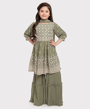 Betty By Tiny Kingdom Georgette Three Fourth Sleeves  Block Design Sequin Embroidered  Kurta & Gharara Set - Green