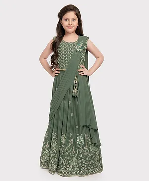 Betty By Tiny Kingdom Georgette Sleeveless  Sequin Embellished  Coordinating Choli & Lehenga Set With Draped Dupatta   - Green