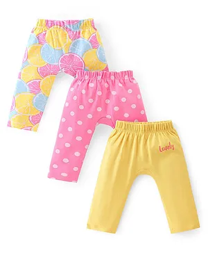 Babyhug Interlock Cotton Knit Full Length Diaper Leggings Solid Polka Dot & Fruit Print Pack Of 3- Pink Multicolor