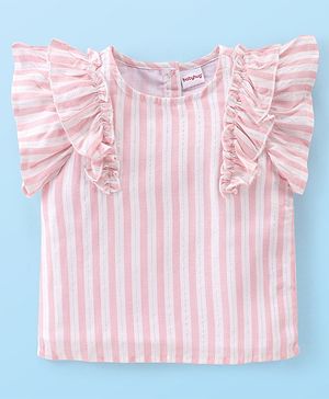 Babyhug Cotton Woven Lurex Sleeveless Striped Top with Frill Detailing - Peach & White