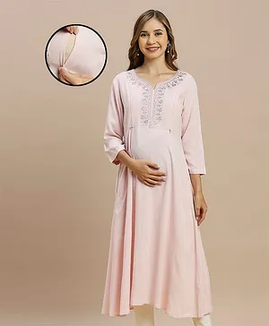 MomToBe Three Fourth Sleeves Placement Floral Embroidered  Maternity Kurta With Concealed Zipper Nursing Access - Pink
